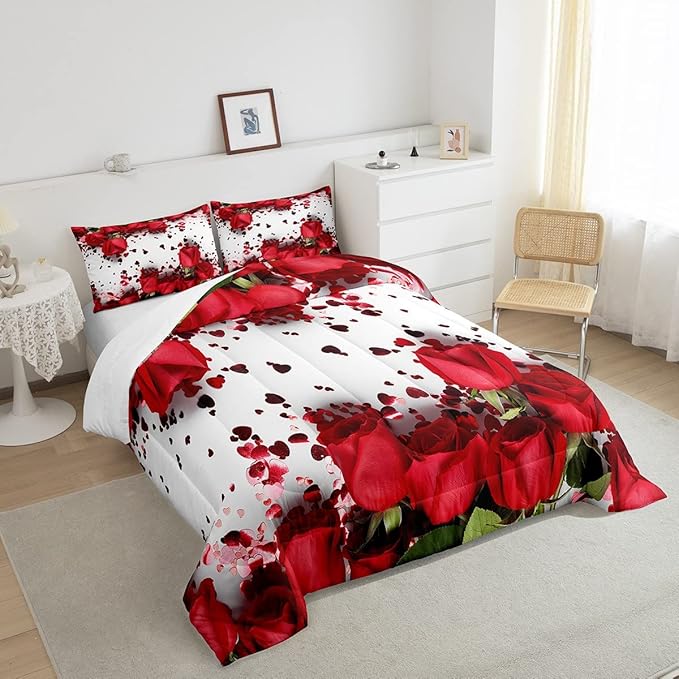 Feelyou Rose Comforter Red Rose Petals Bedding Set Floral Bouquet Botanical Design Comforter Set Romantic Flowers Duvet Set Valentine's Day Couple Lover Room Decor Quilt Twin Size Boys