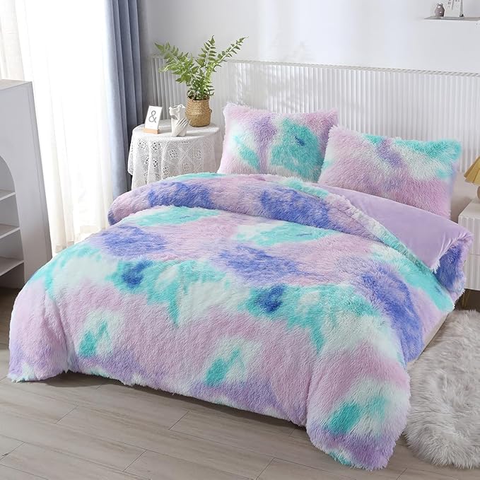 PERFEMET Purple Long Faux Fur Plush Comforter Twin 3-Piece Colorful Rainbow Fluffy Shaggy Girls Bed Sets for Teens Kids Tie Dye Fuzzy Furry Bedding Comforter Set(Purple, Twin)
