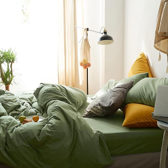 LifeTB Avocado Green Duvet Cover Queen Size Soft Jersey Knit Cotton Duvet Cover 3 Pieces Solid Color Home Bedding Set Queen Boho Green Comforter Cover with Zipper Closure & Corner Ties