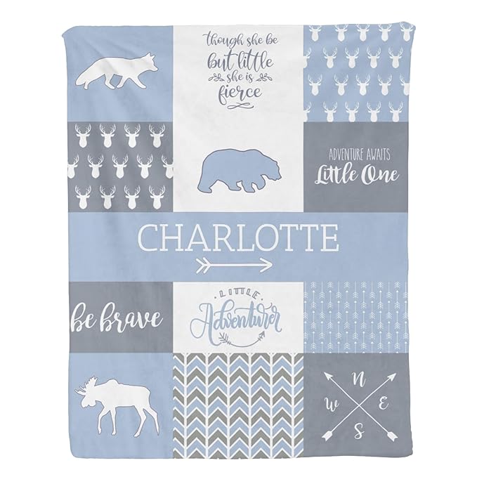 Personalized Baby Blankets for Girls, Baby Blanket for Girls with Name, Soft Plush Receiving for Newborns - Essential Baby Items, Woodland Bear, Ashley Blue, 35x45 Inches