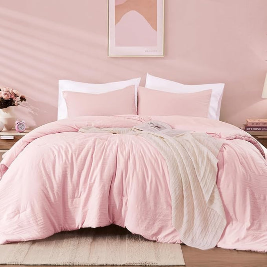 WRENSONGE Full Size Comforter Sets - 3 Pieces Soft Pink Comforter Prewashed Soft Lightweight for All Seasons, Fluffy Down Alternative Comforter Full Size with 2 Pillow Shams