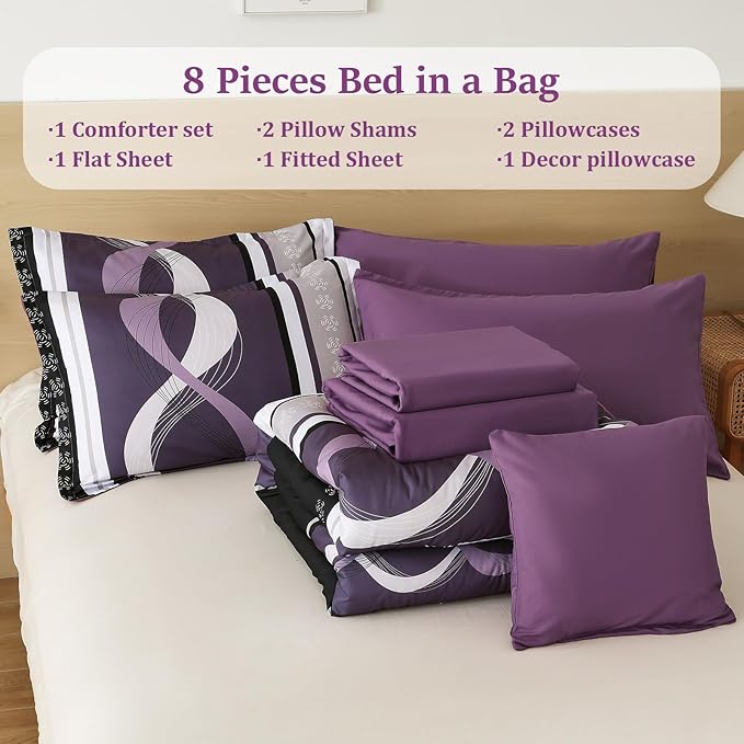 Anibedding Boho Comforter Set,8 Pieces Bed in a Bag Patchwork Striped Comforter Set,Purple Bed Set Queen Size,Soft Microfiber Boho Bedding Set for All Season(90"×90")
