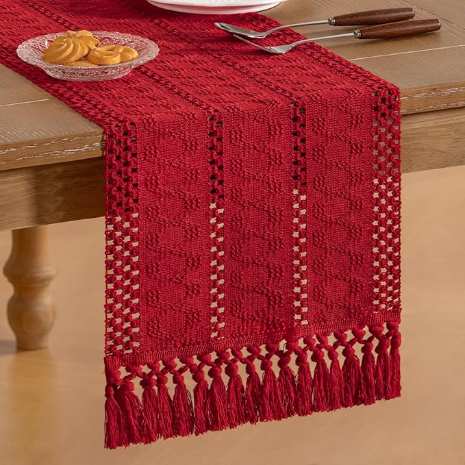 Socomi Boho Table Runner Valentine's Day Farmhouse Rustic Dining Kitchen Centerpiece Decor Small Macrame Woven Cotton Linen Coffee Table Runner for Dresser Scarf Home Decor 12x48 in Red