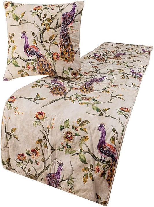 The HomeCentric King Queen Twin Ivory & Multicolor Decorative Twin 53"x18" Bed Runner Without Pillow Cover, Peacock Bed Scarf on Cotton Printed with Beads Fabric - Peacock Queen