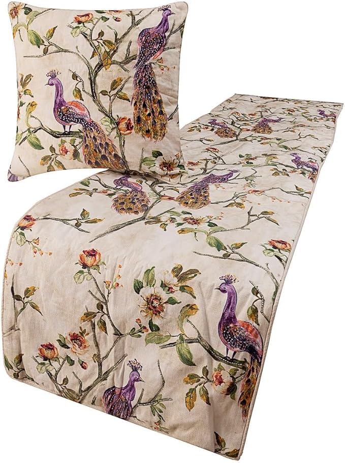 The HomeCentric King Queen Twin Ivory & Multicolor Decorative Full 68"x18" Bed Runner with 2 Pillow Cover, Peacock Bed Scarf on Cotton Printed with Beads Fabric - Peacock Queen