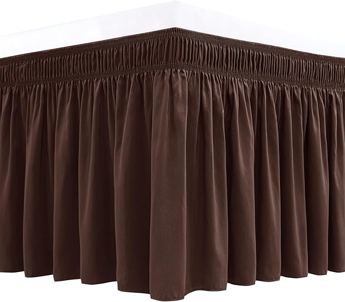 Biscaynebay Wrap Around Bed Skirts for Queen Beds 19" Long Drop, Brown Adjustable Elastic Dust Ruffles Easy Fit Wrinkle & Fade Resistant Silky Luxurious Fabric Solid Machine Washable