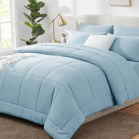 CozyLux King Size Comforter Set Light Blue, 7 Pieces Bed in a Bag, Blue Comforter King Size, All Season Bedding Sets with Stitch Quilted Comforter, Flat Sheet, Fitted Sheet, Pillowcases