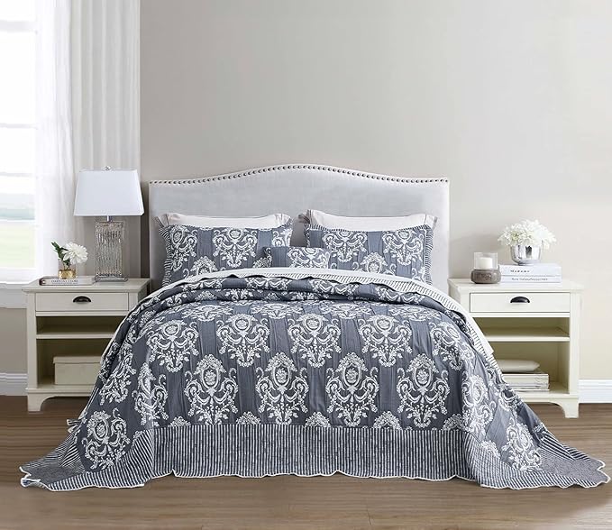 HZ & HY Oversized King Bedspread 128x120 Extra Wide, Jacquard Matelasse Damask Pattern Design, Lightweight, Reversible, 5 Piece, 100% Microfiber, Dark Blue