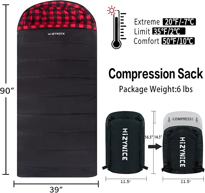 Cold Weather Sleeping Bag 100% Cotton Flannel XXL for Adults Big and Tall,Free Compression Sack