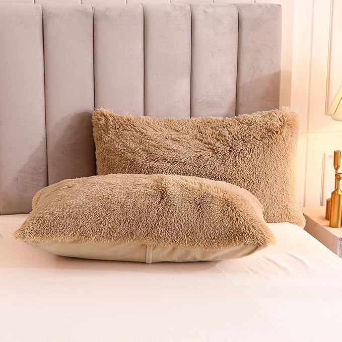 Uhamho Faux Fur Velvet Fluffy Bedding Duvet Cover Set Down Comforter Quilt Cover with Pillow Shams, Ultra Soft Warm (King, Camel)