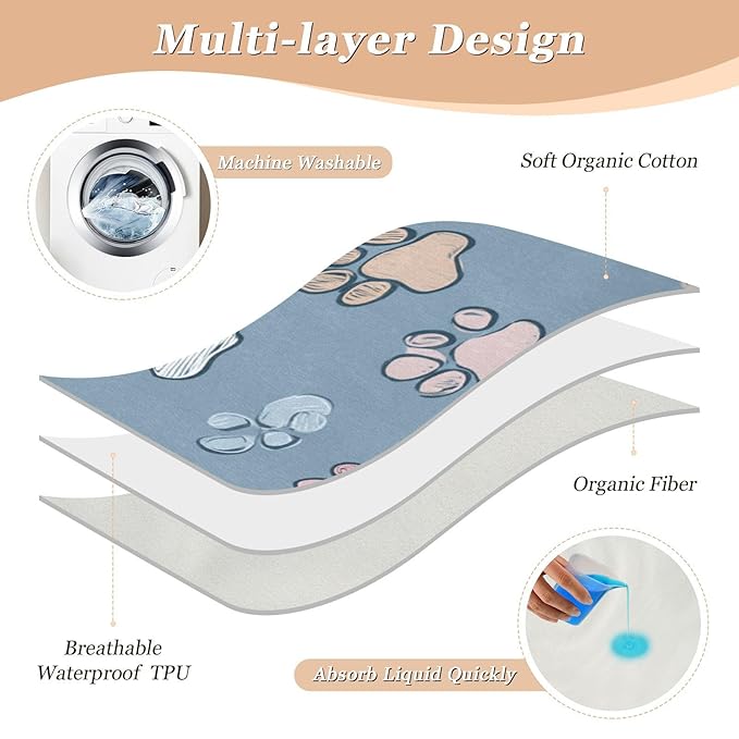 Waterproof Bed Pad Reusable Changing Pad Toddler Mattress Protector Large Pee Pad Baby Diaper Pad Soft Washable Liner Blue Footprints