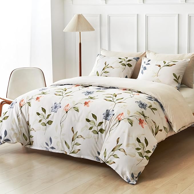 Lekesky Boho Duvet Cover Queen Size, Queen Comforter Cover White Floral Printed Duvet Cover Set, 3 Pieces Soft Microfiber Bedding Set with Zipper and 2 Pillowcases (Queen, 90"x90")