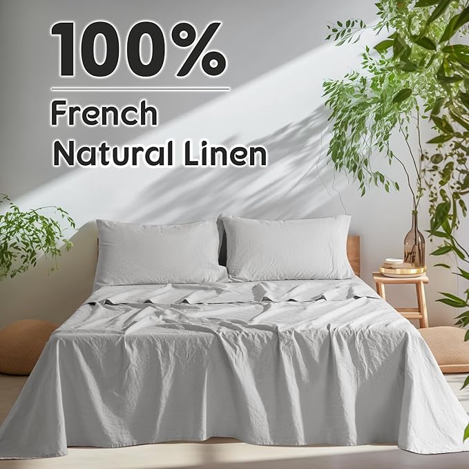 SONORO KATE 100% French Pure Linen Sheets, Breathable and Durable Linen Sheets, Anti-Tear Linen Bed Sheets, Machine Washable, 16 Inch Deep Pocket - 4 Piece (Grey, California King)
