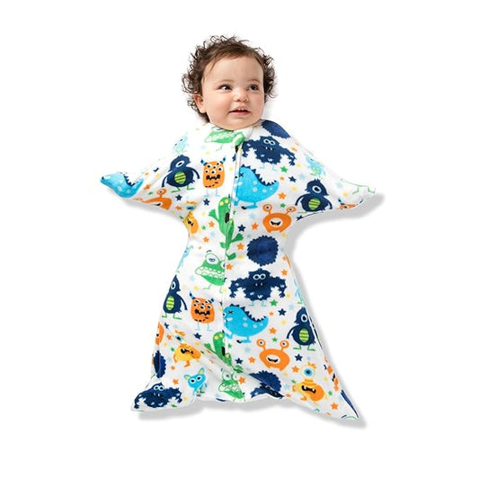 SleepingBaby Zipadee-Zip Transition Swaddle - Cozy Fleece Wearable Blanket with Two-Way Zipper for Baby Sleep - Monster Madness, Large (12-24 Month)