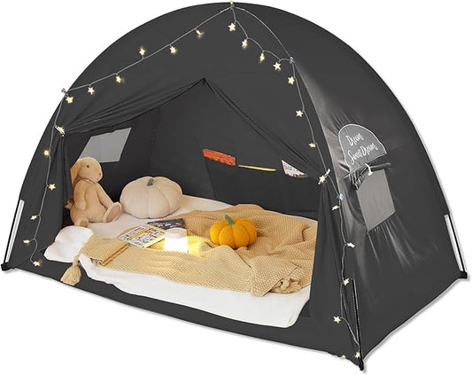 Twin Bed Tent for Boys, Indoor Blackout Sleeping Tent with Dreamy Canopy, Breathable Privacy Bunk Beds, Ideal for Drafty Rooms or Cottage-Style Spaces, Black
