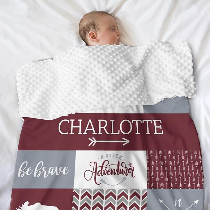 Custom Bear Baby Blanket for Girls, Baby Blanket with Name - 35 x 45 Blankets with Double Layer Dotted Backing - Shower Gifts for Nursery - Essential Bebe Stuff, Deep Red