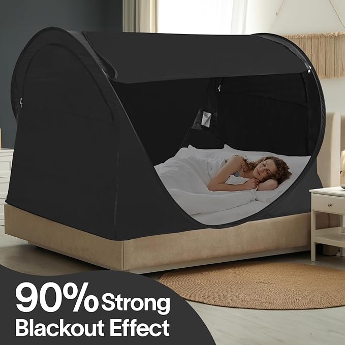 Alvantor® Pop Up Bed Tent Full No Assembly, Full Size Bed Canopy Blackout and Breathable Mesh Sleeping Tent Lightweight Portable Dream Tent with Carry Bag Dream Tent for Kids and Adults- Black