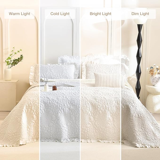 Masaca Oversized King Bedspread 128"x120",Wheat Ruffled Shabby Farmhouse King Quilt Bedding Set Oversized,3 Pieces Soft Lightweight Crinkled Extra Large Bedspread & Coverlet Sets for All Season