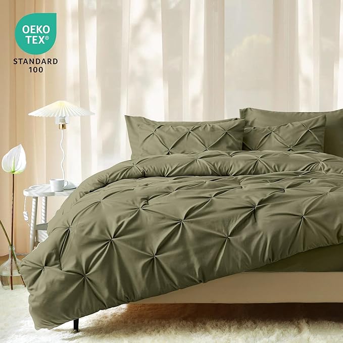 JOLLYVOGUE Queen Comforter Set 7 Pieces - Bed in a Bag Queen for All Season, Pintuck Bedding Comforter Sets with Comforter, Flat Sheet, Fitted Sheet and Pillowcases & Shams, Olive Green