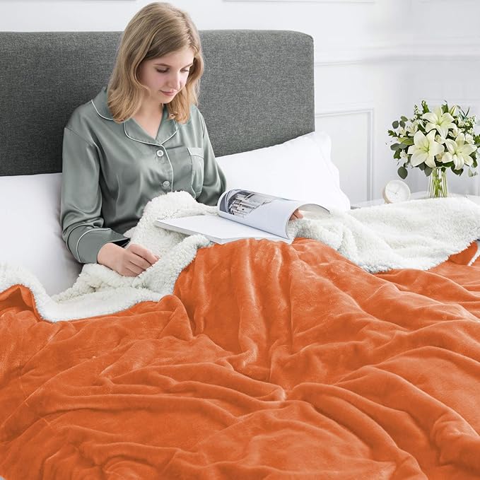MOONLIGHT20015 Sherpa Fleece Twin Blanket - (Rust, 60X80 Inches) Warm and Fluffy Blankets for Winter - Reversible Thick and Cozy Twin Size Blankets for Bed, Camping and Travel