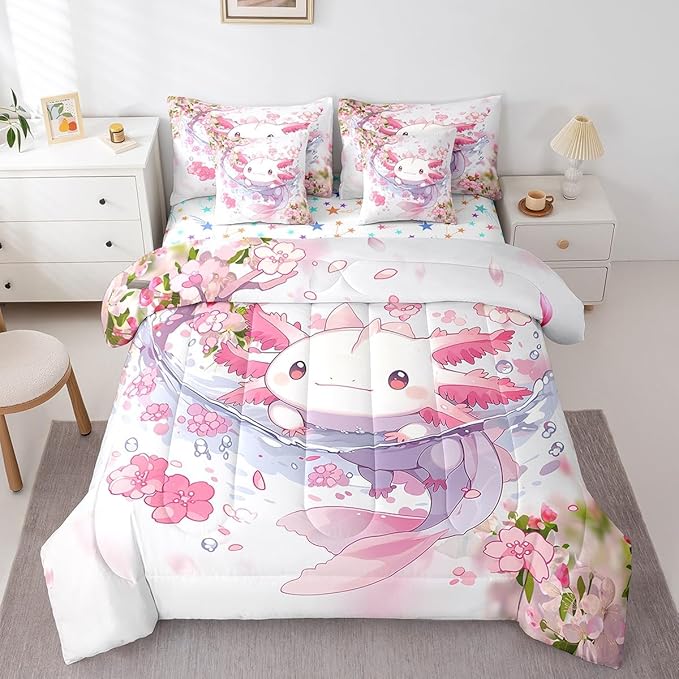 Feelyou Boys Girls Cute Axolotl 7 Pieces Bedding Sets King Size, Ocean Sealife Bed in A Bag Kawaii Comforter Set with Sheets Kids Cartoon Salamander Teens Bed Set Room Decor