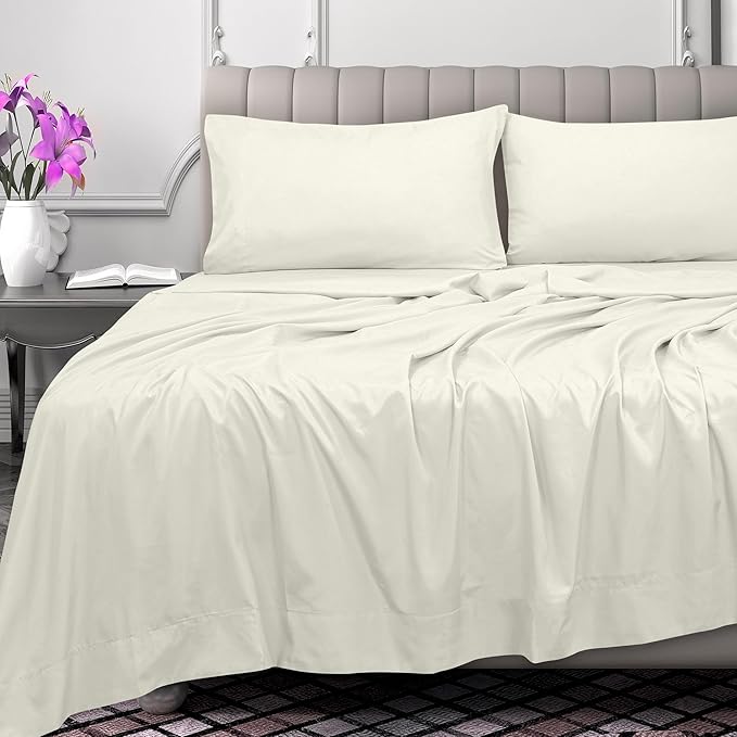Royale Linens 300 Thread Count 100% Long Staple Combed Cotton - Super Soft -Top Sheet - TwinXL Flat Sheet Sold Separately - Breathable, Cool & Crisp Percale Flat Sheet Only (Twin XL, Ivory)