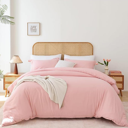 Whitney Home Textile Rose Pink Duvet Cover Set King Size - 3 Piece Luxury Soft Cooling Duvet Cover with Zipper Closure and Pillow Sham, Breathable Washed Brushed Microfiber, Comforter Not Included