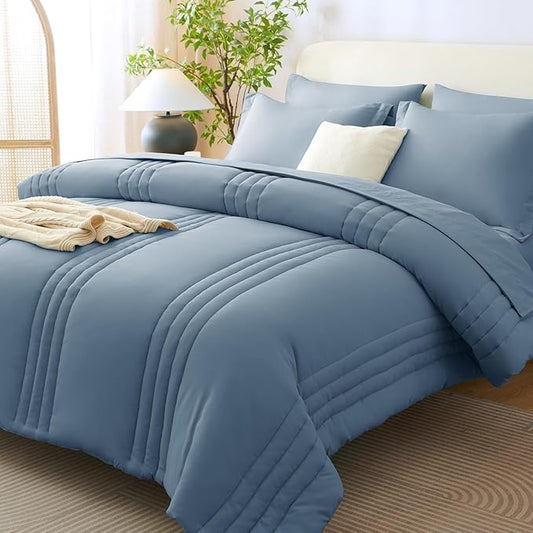 CozyLux Full Comforter Set - 7 Pieces Bed in a Bag Grayish Blue Comforter Set with Sheets Luxury Bed Set All Seasons, Soft Bedding Set with Down Alternative Comforter, Sheets, Pillowcases & Shams