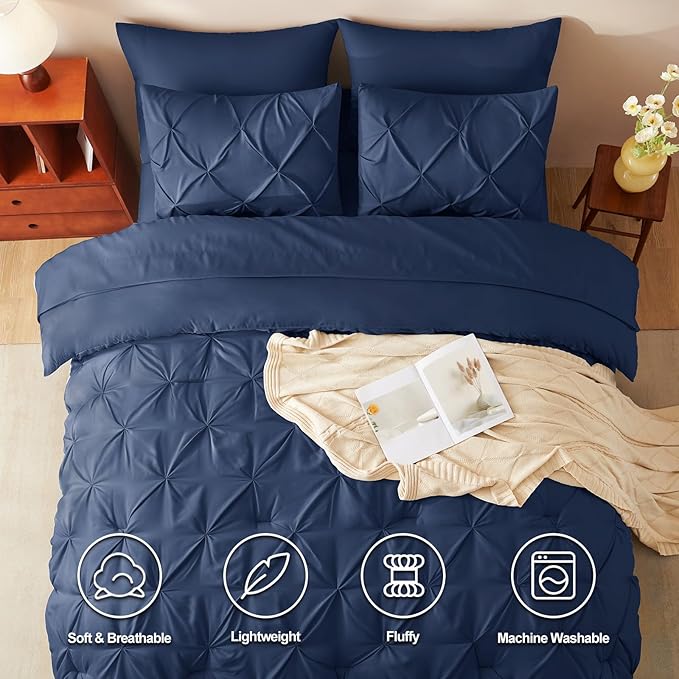 Twin Comforter Set Navy Blue, 5 Pieces Pintuck Bed in A Bag Twin Size Bedding, Soft Bed Set All Season Pinch Pleat Comforter Set with Sheets, Pillowcase & Sham