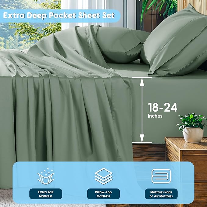 SONORO KATE 100% Egyptian Cotton Sheets Set, Extra Deep Pocket up to 18"-24",1000 High Thread Count, Soft & Breathable 5-Star Hotel Sateen Bed Sheets - 4 PC (Sea Glass,King)