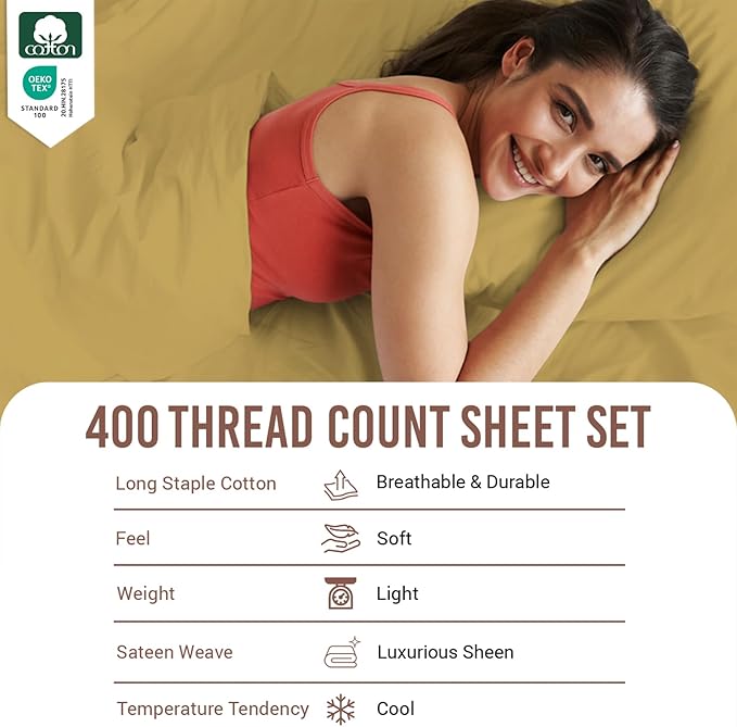 Pizuna Pure 100% Cotton Sheet California King Size, Luxurious 400 Thread Count Long Staple Cotton Sateen Sheets California King with 15" Deep Pocket (Combed Mustard Gold Cotton Sheets California King)