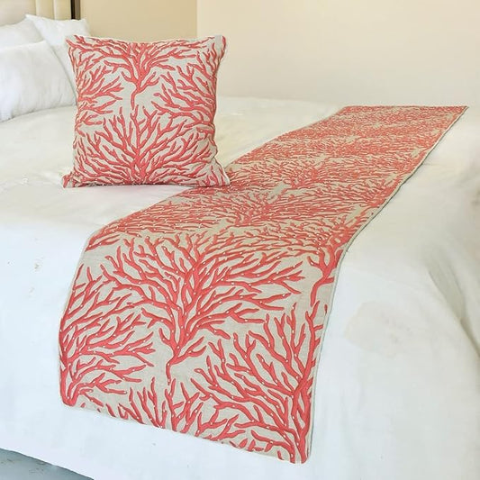 The HomeCentric King/Queen/Twin Coral, Peach & Pink Designer Twin 53"x18" Bed Runner with Pillow Cover, Coral, Pearl Embroidery, Under The Sea & Beach Theme On Linen Fabric - Coraline Pearls