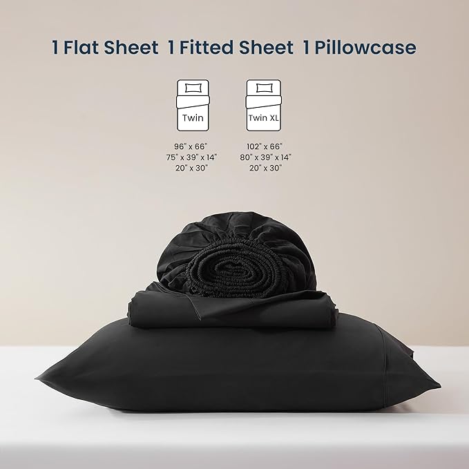 SLEEP ZONE Nanotex Super Soft Cooling Kids Bed Sheets Set Twin XL 3 Piece - Easy Care Fitted Flat Sheet & Pillowcase Sets - Wrinkle Free, Fade Resistant, Deep Pocket 16" (Black, Twin XL)