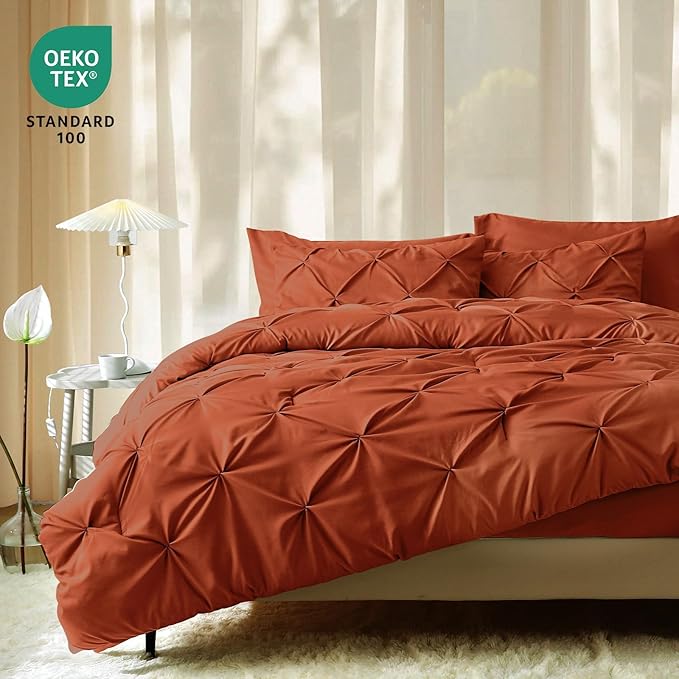 JOLLYVOGUE King Size Comforter Set 7 Pieces - Bed in a Bag King for All Season, Pintuck Bedding Comforter Sets with Comforter, Flat Sheet, Fitted Sheet and Pillowcases & Shams, Burnt Orange