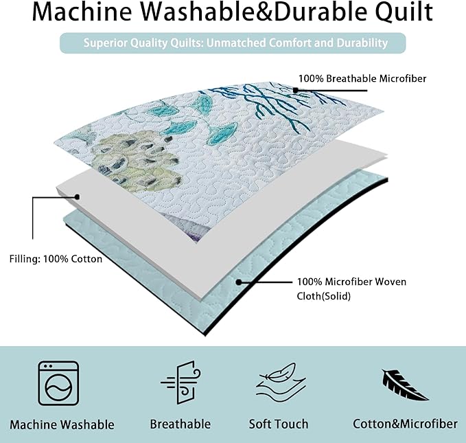 Tritard 3 Piece Coastal Beach Quilt Set King Size Ocean Beach Themed Bedding Set Microfiber Lightweight Bedspread Coverlet with 2 Shams Starfish Coral Seashell Bed Covers for All Season, 106''x96''
