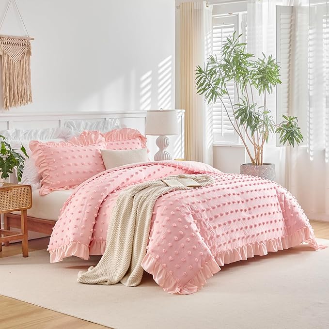Flysheep Tufted Dots Ruffle Comforter Set Twin Size, 3 Pieces Pink Vintage Farmhouse Shabby Chic Comforters, Jacquard Boho Bohemian Bedding Set for Girls (1 Ruffled Comforter+ 2 Pillow Shams)