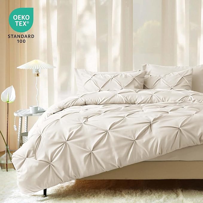 JOLLYVOGUE Twin XL Comforter Set 5 Pieces - Bed in a Bag Twin XL for All Season, Pintuck Bedding Comforter Sets with Comforter, Flat Sheet, Fitted Sheet and Pillowcases & Shams, Beige