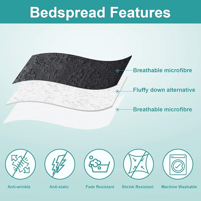 Hansleep Black Quilt Twin Size - Damask Ultrasonic All Season Bedspread Twin, Soft Lightweight Coverlet Bedding Set, 2 Pieces (1 Quilt, 1 Pillow Sham)