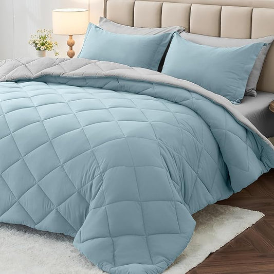 MUXHOMO 5 Pieces Twin XL Comforter Set, Reversible Bed in a Bag Twin XL Size, All Season Bedding Set with Comforter, Flat Sheet, Fitted Sheet, Pillowcases & Shams, Greyish Blue & Light Grey