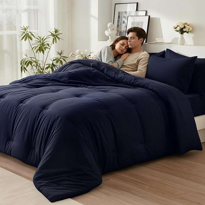 Oversized King Comforter Set 7 Pieces - Ultra-Soft Bed in a Bag, Cozy Luxury All Season Bedding Sets with Comforter, Flat Sheet, Fitted Sheet, 2 Pillow Shams & 2 Pillowcases, Navy Blue