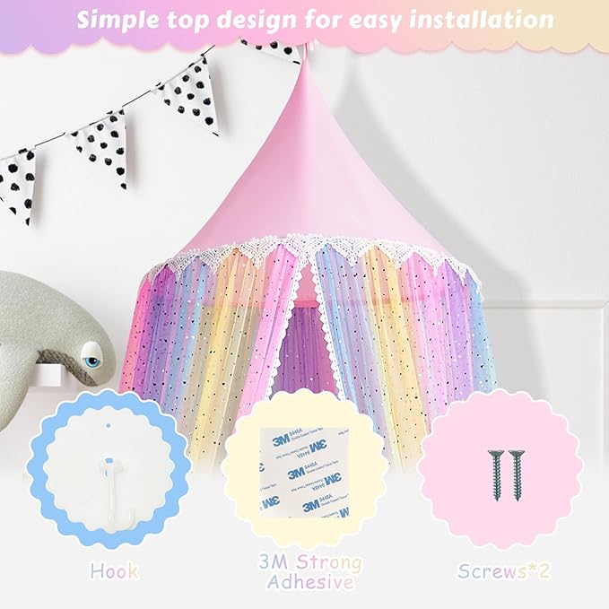 Rainbow Bed Canopy for Girls,Shiny Kids Princess Round Dome Bed Curtain with Love Heart Glitter,Kids Crib Canopy Play Tent Canopy Dreamy Bed Netting for Girls