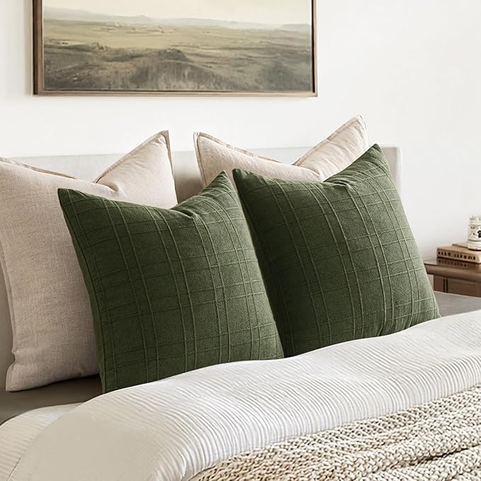MIULEE Decorative Linen Check Euro Shams Throw Pillow Covers Neutral Farmhouse Vintage Spring Pillow Covers 24x24 Set of 2 Boho Modern Home Decor for Sofa Couch Bedroom Cushion Dark Olive Green
