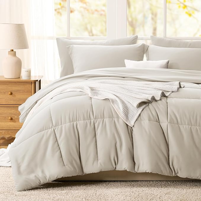 CozyLux California King Comforter Set Beige - 7 Pieces California King Bed in a Bag Set, All Season Soft Bedding Sets with Comforter, Flat Sheet, Fitted Sheet, Pillowcases & Pillow Shams
