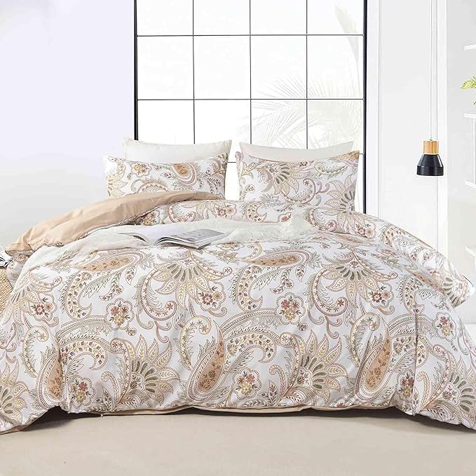 Nanko Paisley Duvet Cover Set King Size, Tan Taupe Classy Boho Damask Printed Pattern Bed Set, Soft Microfiber Reversible Comforter Bedding Cover with Zip Ties - Farmhouse for Women Men, 3 Pcs 104 x90