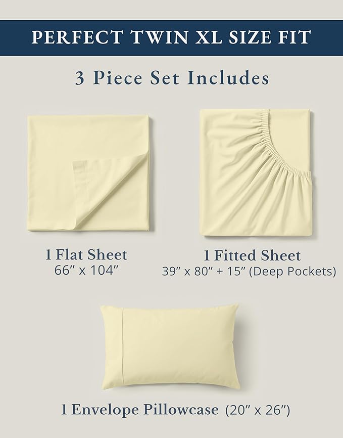 LANE LINEN 100% Organic Cotton Sustainably Produced Twin XL Bed Sheets, Mercerized Fully Elasticized Percale Perfect for Hospital Bed & Dorm Room, Reinforced Seams Twin XL Sheets-Vanilla