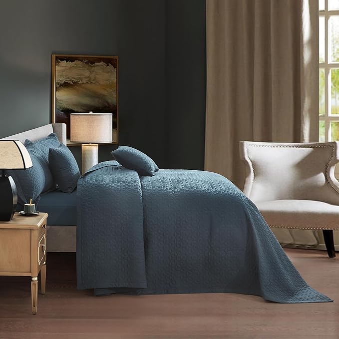 Oversized King Bedspread 128x120 Extra Wide, Modern & Contemporary Look, Lightweight Bedding Cover, Reversible, 5 Piece, 100% Microfiber, Navy Blue