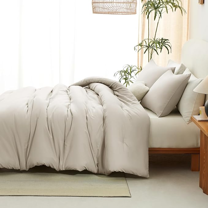 CozyLux Oversized Queen Comforter Set Beige, 3 Pieces 98x98 Solid Breathable Quilted Style Bedding Sets All Season, Luxury Soft Down Alternative Comforter Bed Set (1 Comforter & 2 Pillowcases)