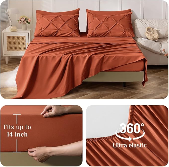 JOLLYVOGUE Queen Comforter Set 7 Pieces - Bed in a Bag Queen for All Season, Pintuck Bedding Comforter Sets with Comforter, Flat Sheet, Fitted Sheet and Pillowcases & Shams, Burnt Orange