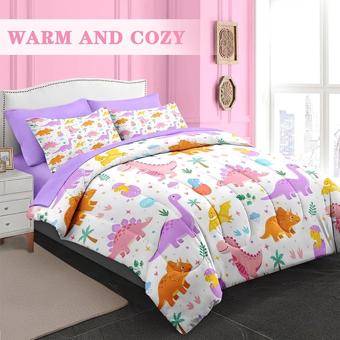 Comforter Set Queen Size, Cute Dinosaur 7 Pcs Purple Bedding for Kids and Adults, Rainbow Happy Bed Sheet Sets with Fitted Sheet 2 Pillowcase & 2 Sham for Bedroom Bed Decor