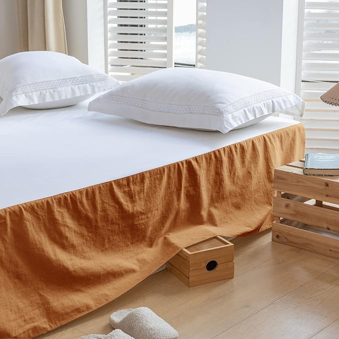 BISELINA French Linen Bed Skirt with Pleated Corner 14-Inch Tailored Drop Natural Flax Cotton Blend Basic Dust Ruffle Soft Cozy Farmhouse Bedding (14" Queen, Basic Rust)